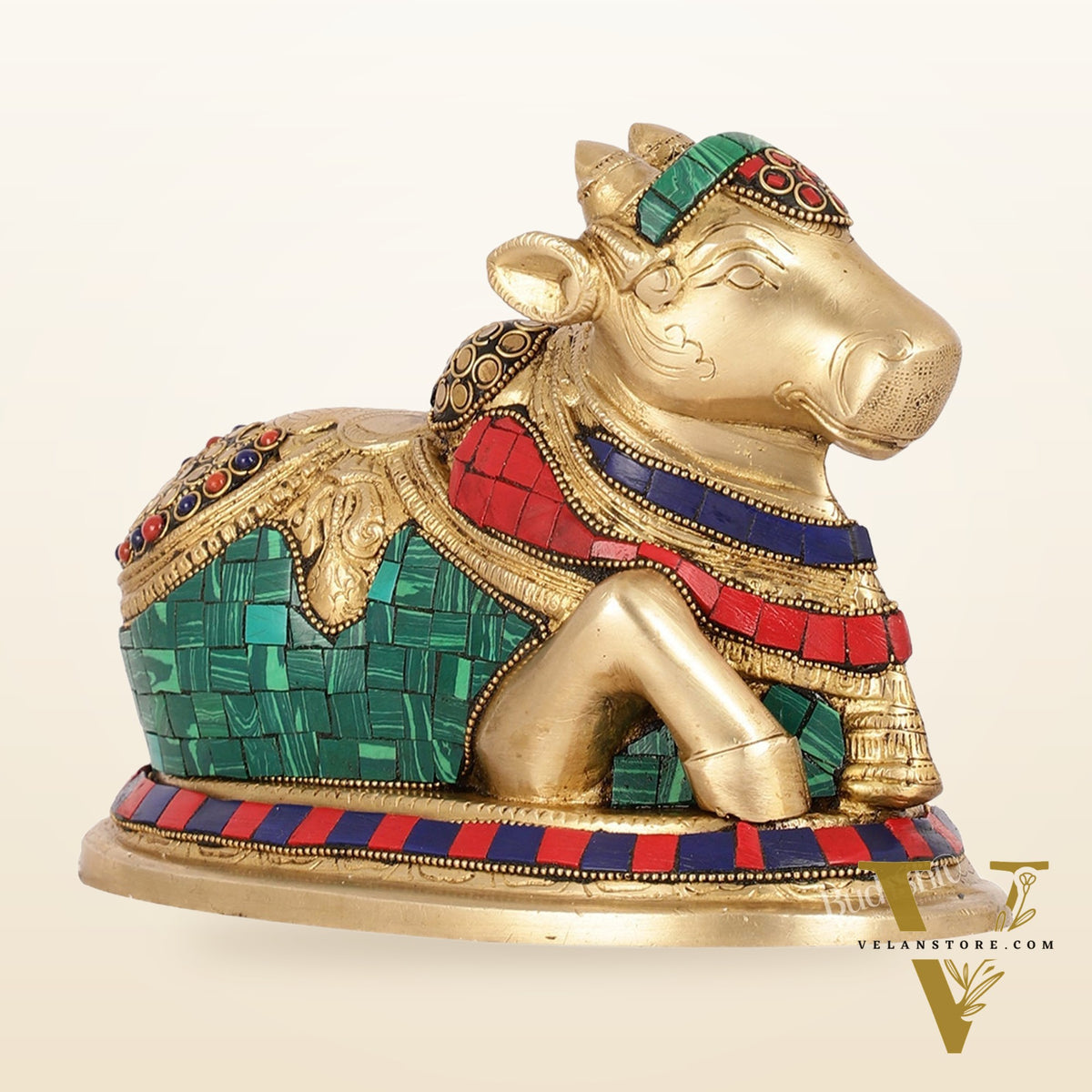 Auspicious Handcrafted Brass Nandi Statue Meenakari 8"