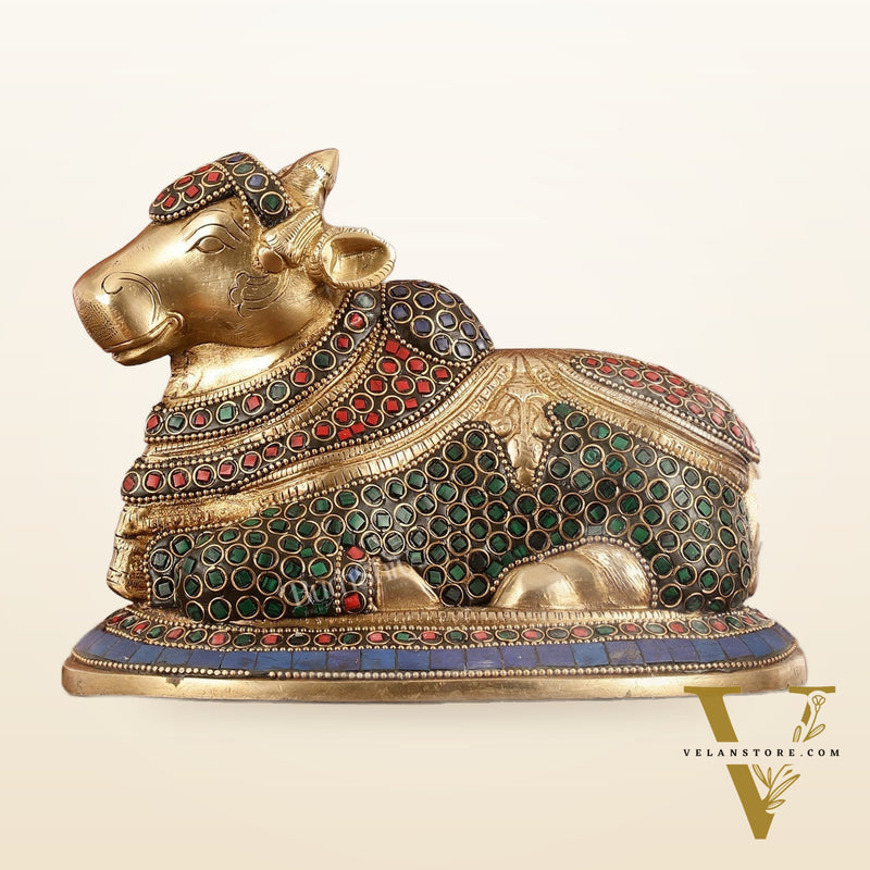 Auspicious Handcrafted Brass Nandi Statue Meenakari 8"