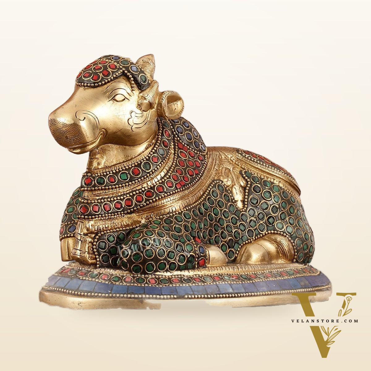Auspicious Handcrafted Brass Nandi Statue Meenakari 8"