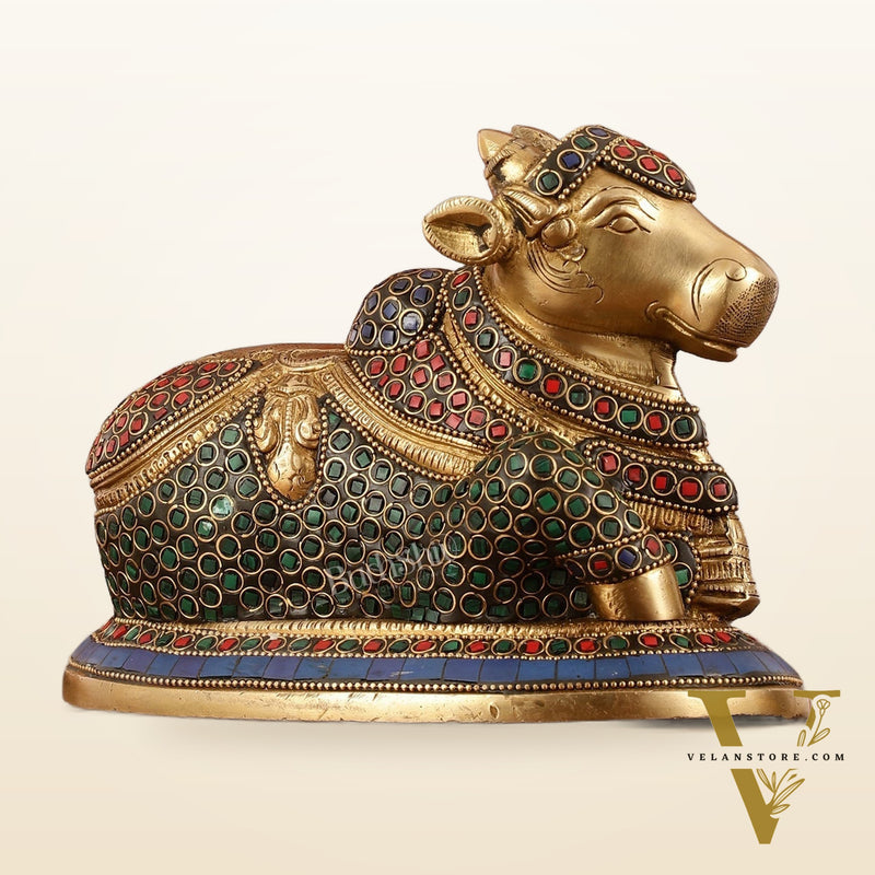 Auspicious Handcrafted Brass Nandi Statue Meenakari 8"