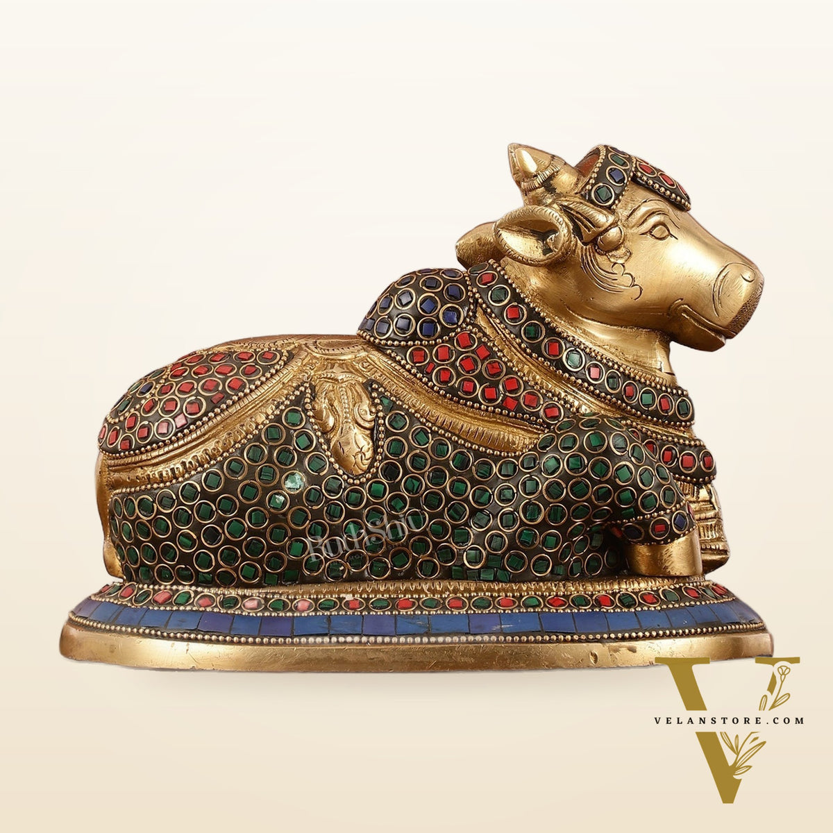 Auspicious Handcrafted Brass Nandi Statue Meenakari 8"
