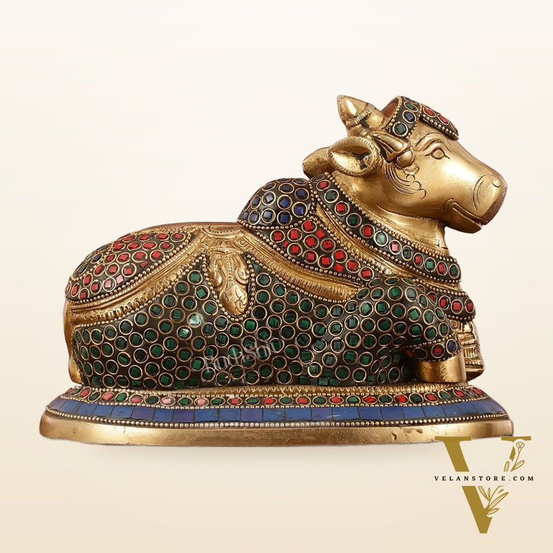 Auspicious Handcrafted Brass Nandi Statue Meenakari 8"