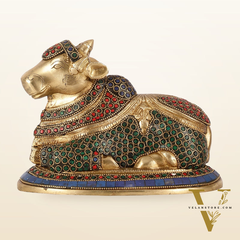 Auspicious Handcrafted Brass Nandi Statue Meenakari 8"