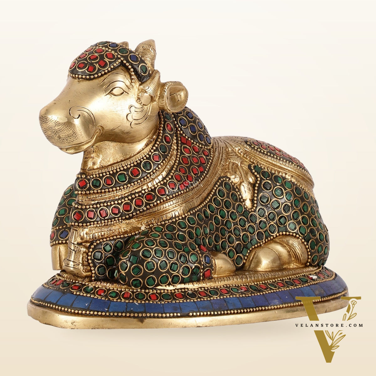 Auspicious Handcrafted Brass Nandi Statue Meenakari 8"