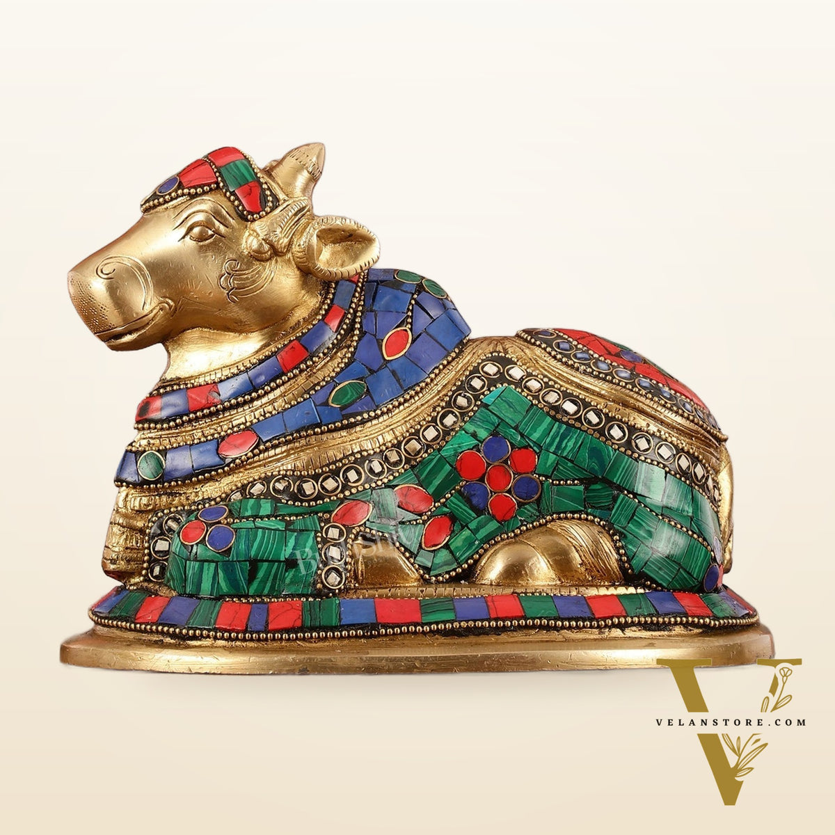 Auspicious Handcrafted Brass Nandi Statue Meenakari 8"
