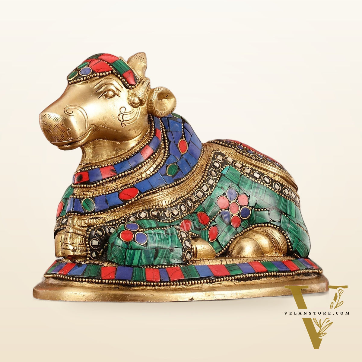 Auspicious Handcrafted Brass Nandi Statue Meenakari 8"