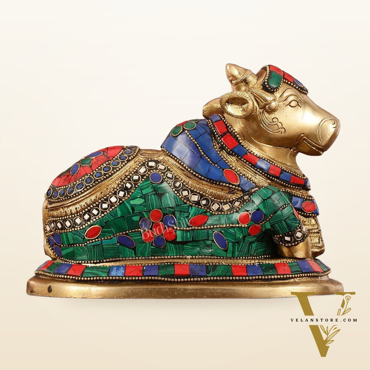 Auspicious Handcrafted Brass Nandi Statue Meenakari 8"