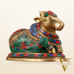 Auspicious Handcrafted Brass Nandi Statue Meenakari 8"