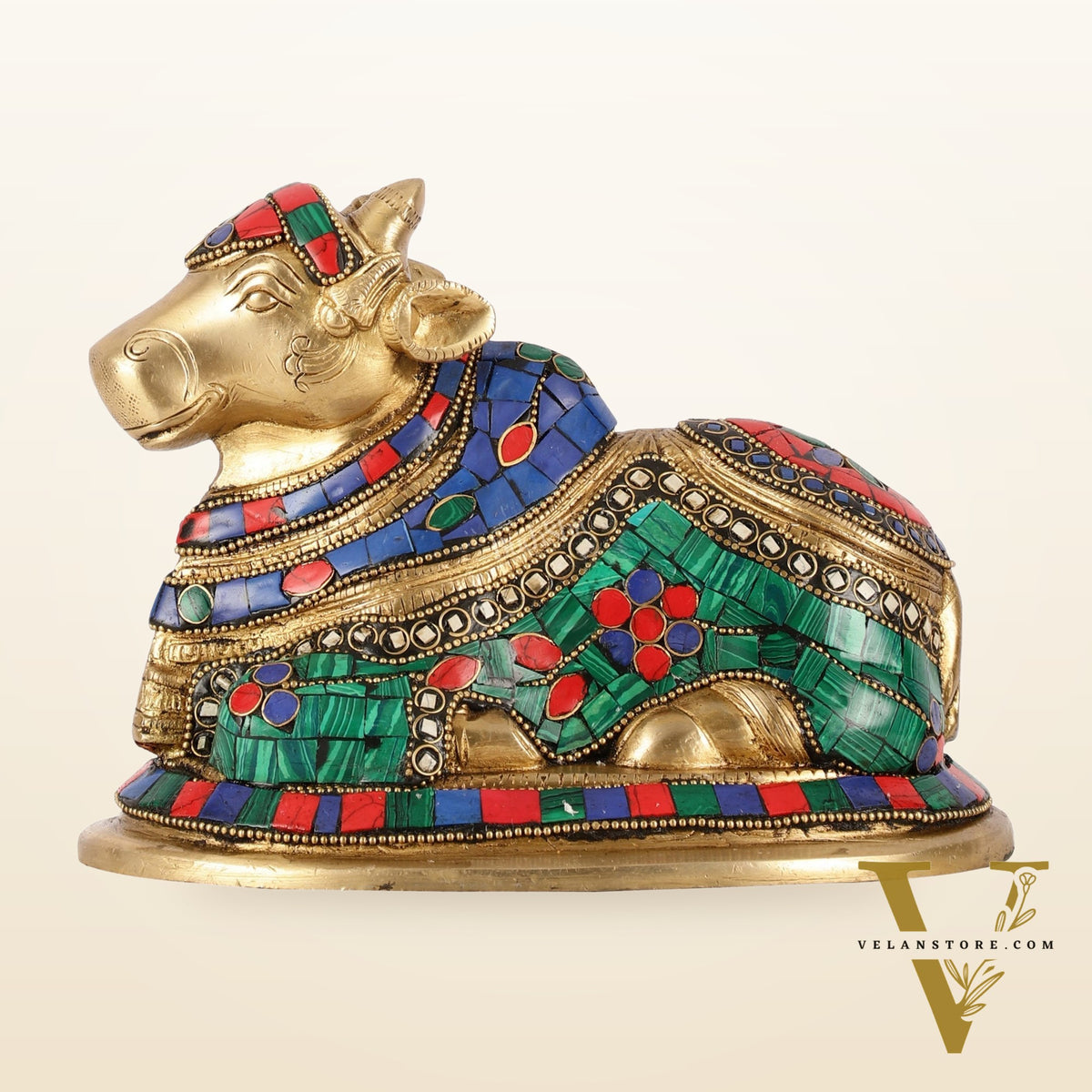 Auspicious Handcrafted Brass Nandi Statue Meenakari 8"