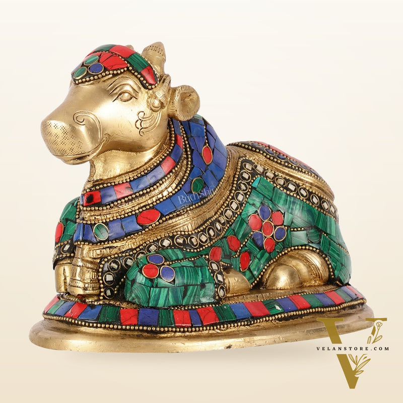 Auspicious Handcrafted Brass Nandi Statue Meenakari 8"