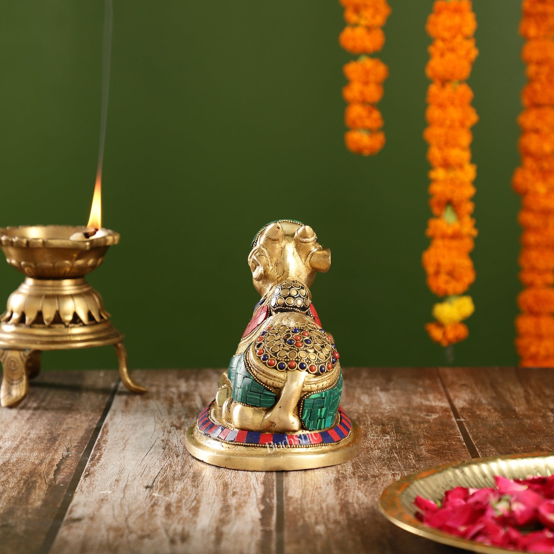Auspicious Handcrafted Brass Nandi Statue Meenakari 8"