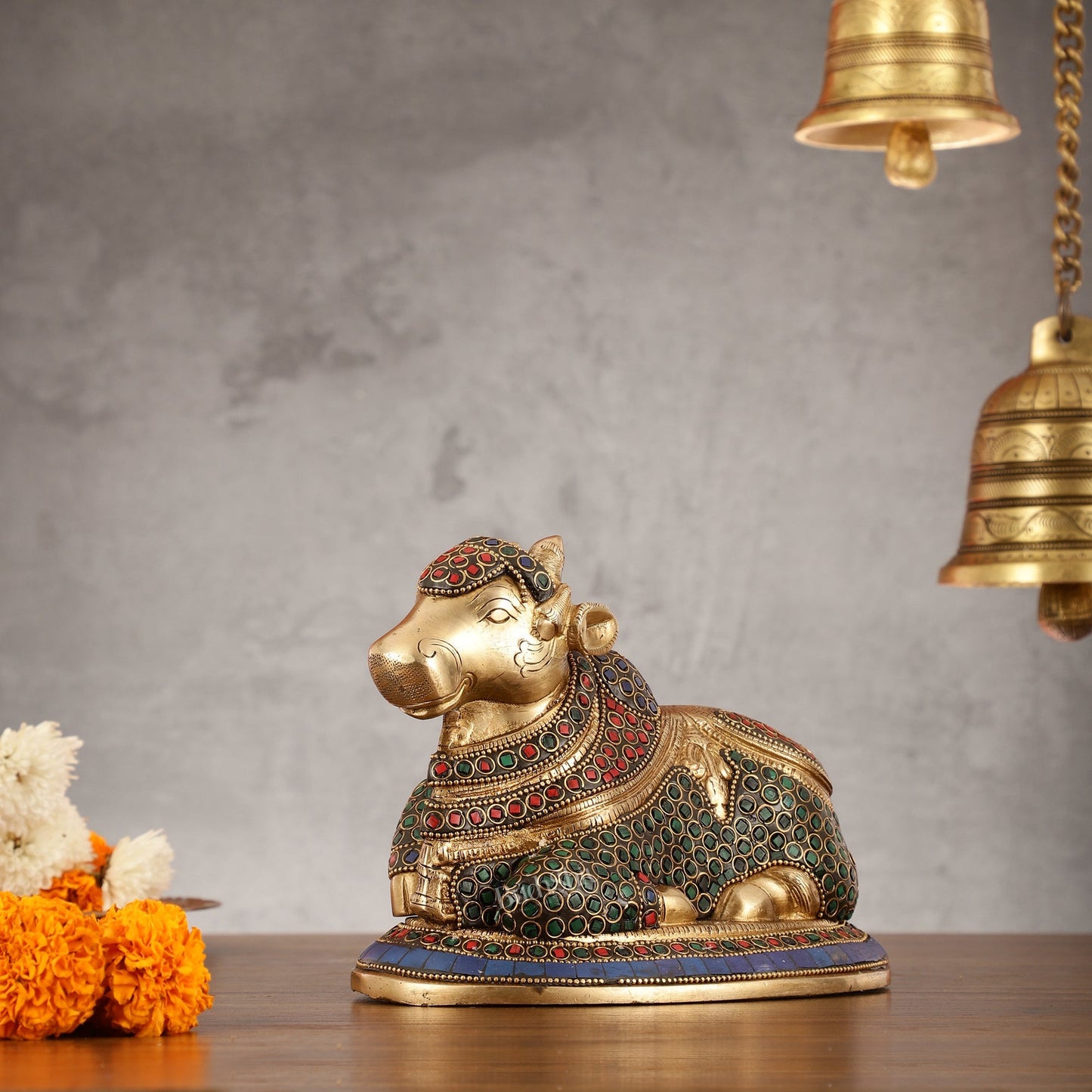 Auspicious Handcrafted Brass Nandi Statue Meenakari 8"