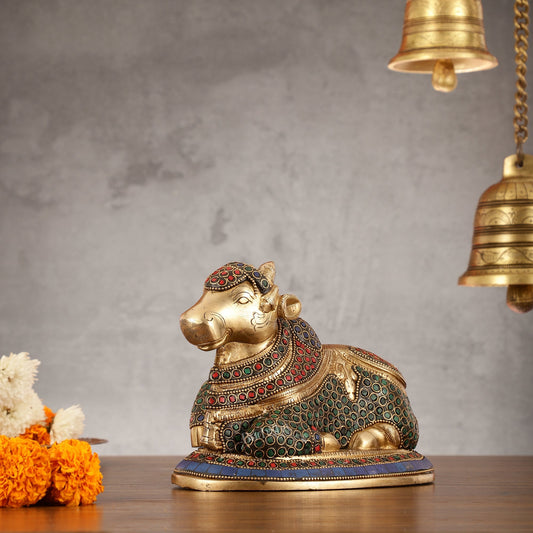 Auspicious Handcrafted Brass Nandi Statue Meenakari 8"