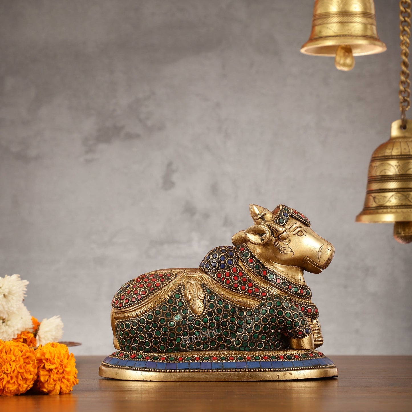 Auspicious Handcrafted Brass Nandi Statue Meenakari 8"