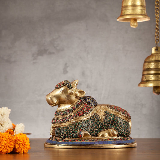 Auspicious Handcrafted Brass Nandi Statue Meenakari 8"