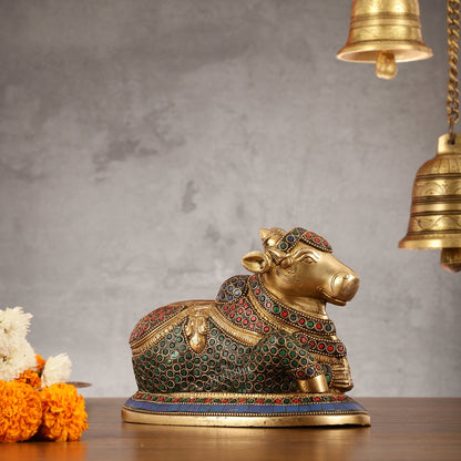 Auspicious Handcrafted Brass Nandi Statue Meenakari 8"