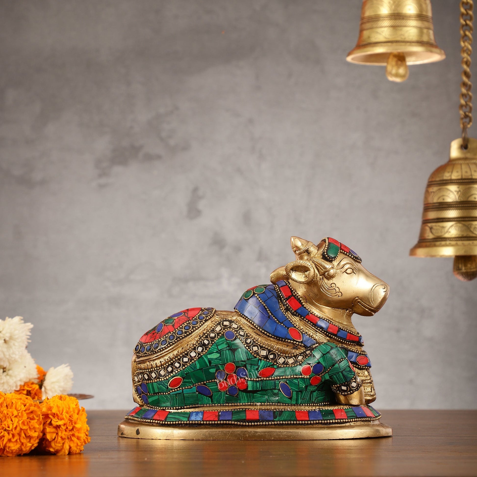 Auspicious Handcrafted Brass Nandi Statue Meenakari 8"