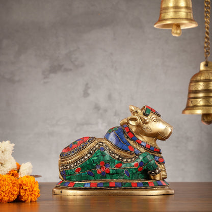 Auspicious Handcrafted Brass Nandi Statue Meenakari 8"