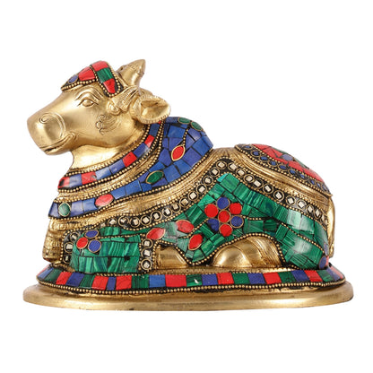 Auspicious Handcrafted Brass Nandi Statue Meenakari 8"