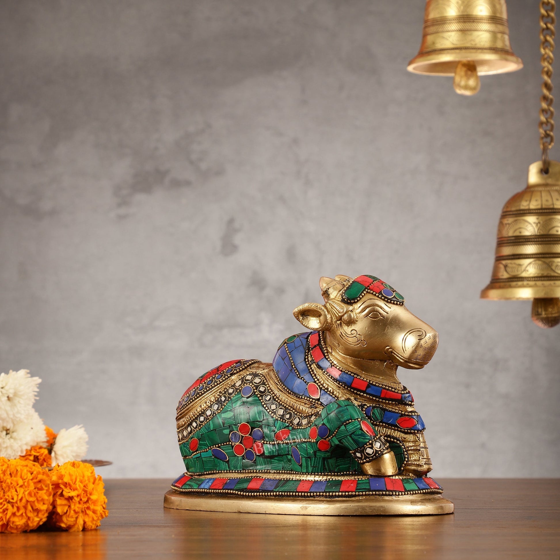 Auspicious Handcrafted Brass Nandi Statue Meenakari 8"