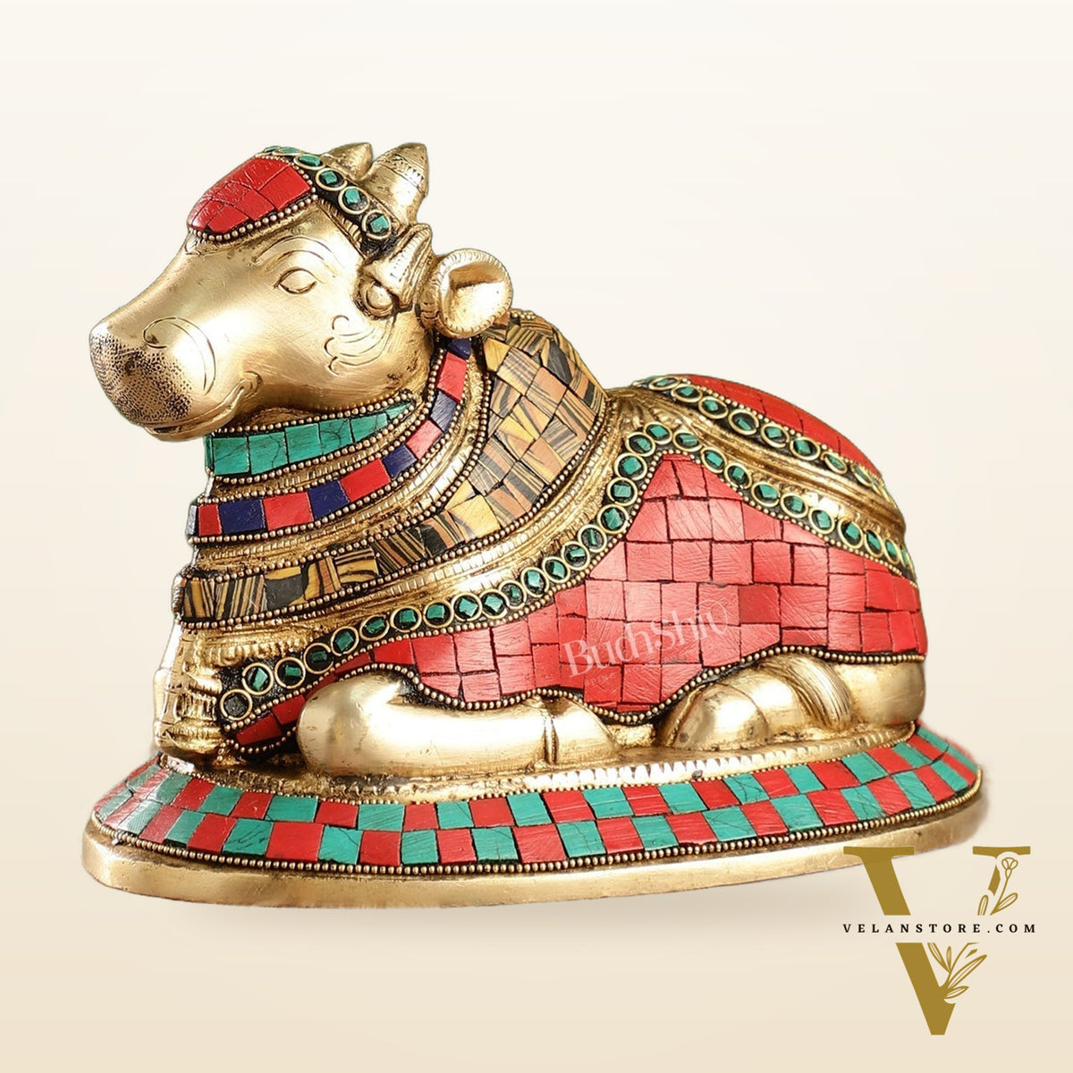 Auspicious Handcrafted Brass Nandi Statue with Natural Stones