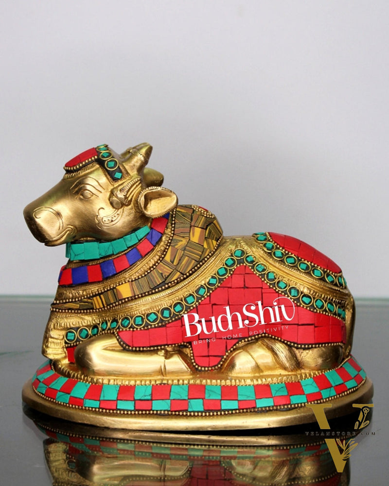 Auspicious Handcrafted Brass Nandi Statue with Natural Stones - 6" Height