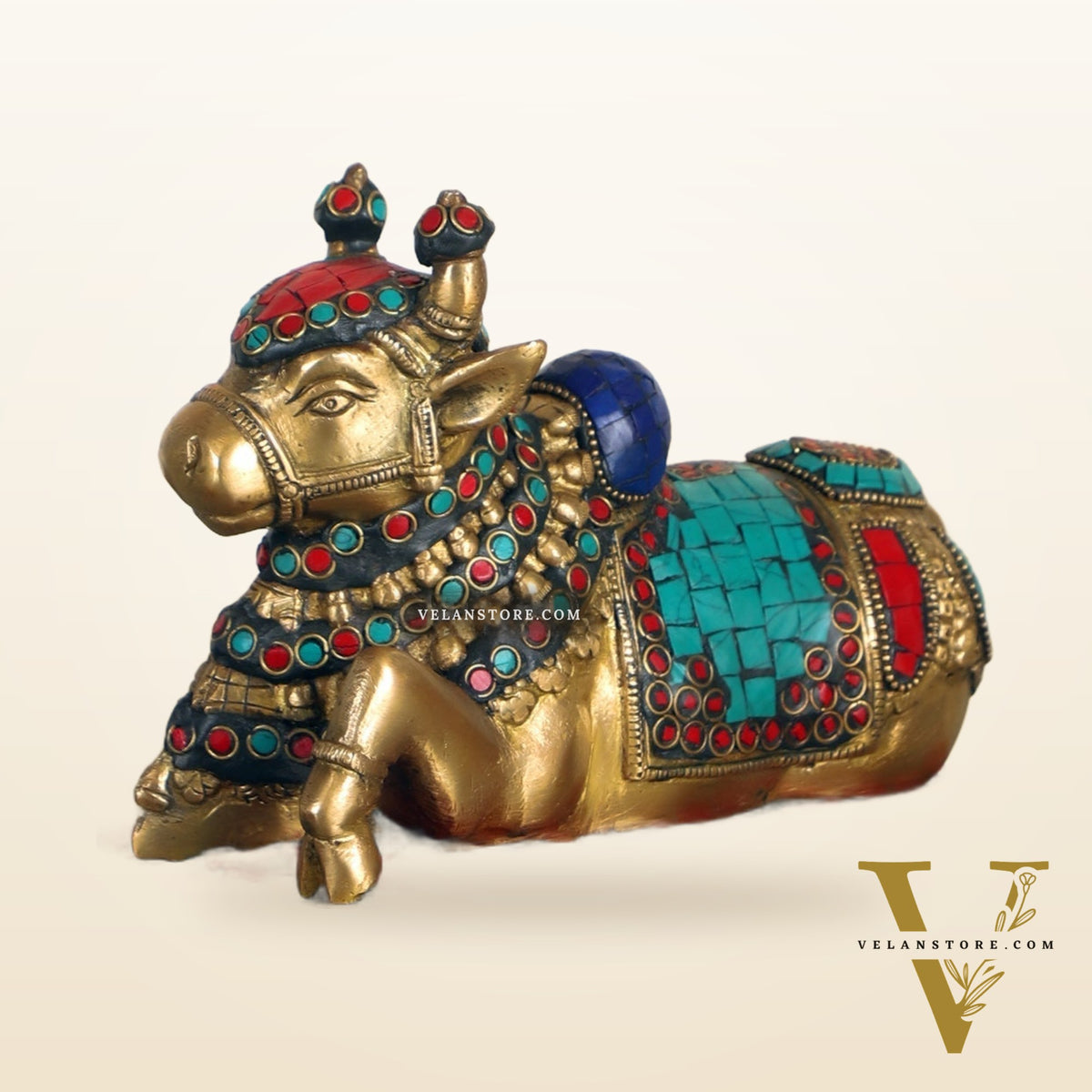 Auspicious Handcrafted Brass Nandi Statue with Natural Stones - 6" Height
