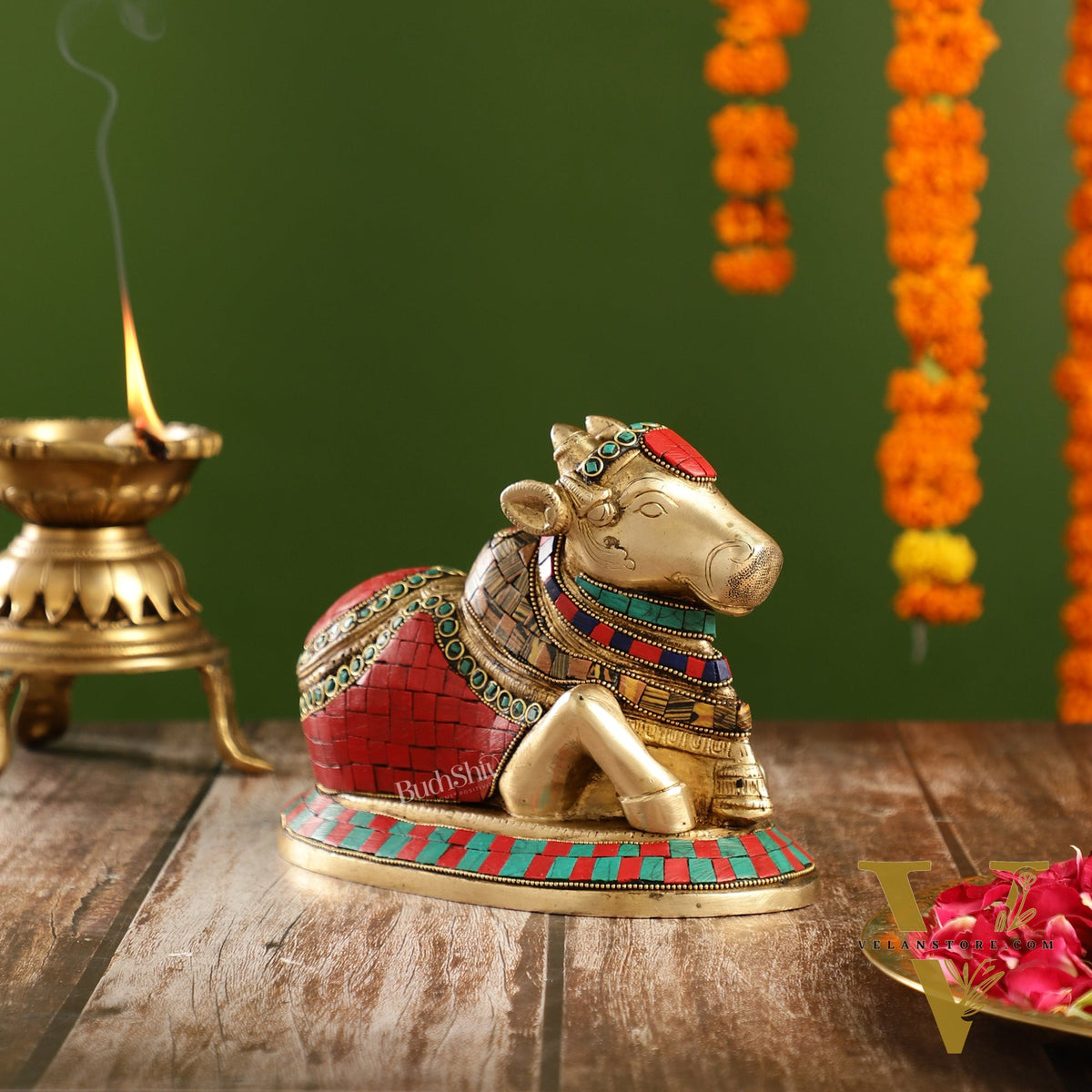 Auspicious Handcrafted Brass Nandi Statue with Natural Stones
