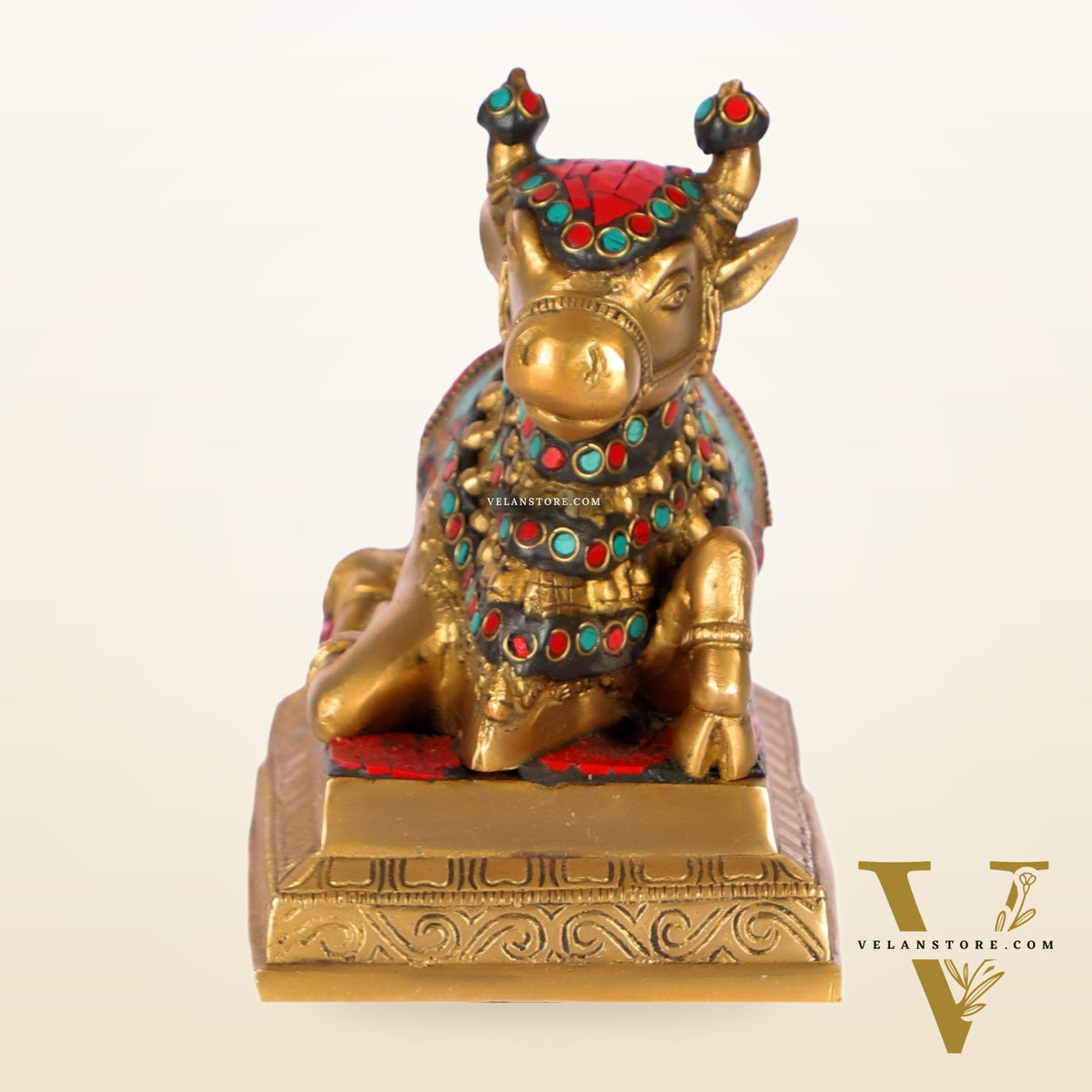 Auspicious Handcrafted Brass Nandi Statue with Natural Stones - 6" Height