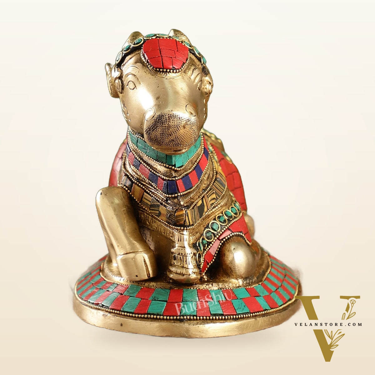 Auspicious Handcrafted Brass Nandi Statue with Natural Stones