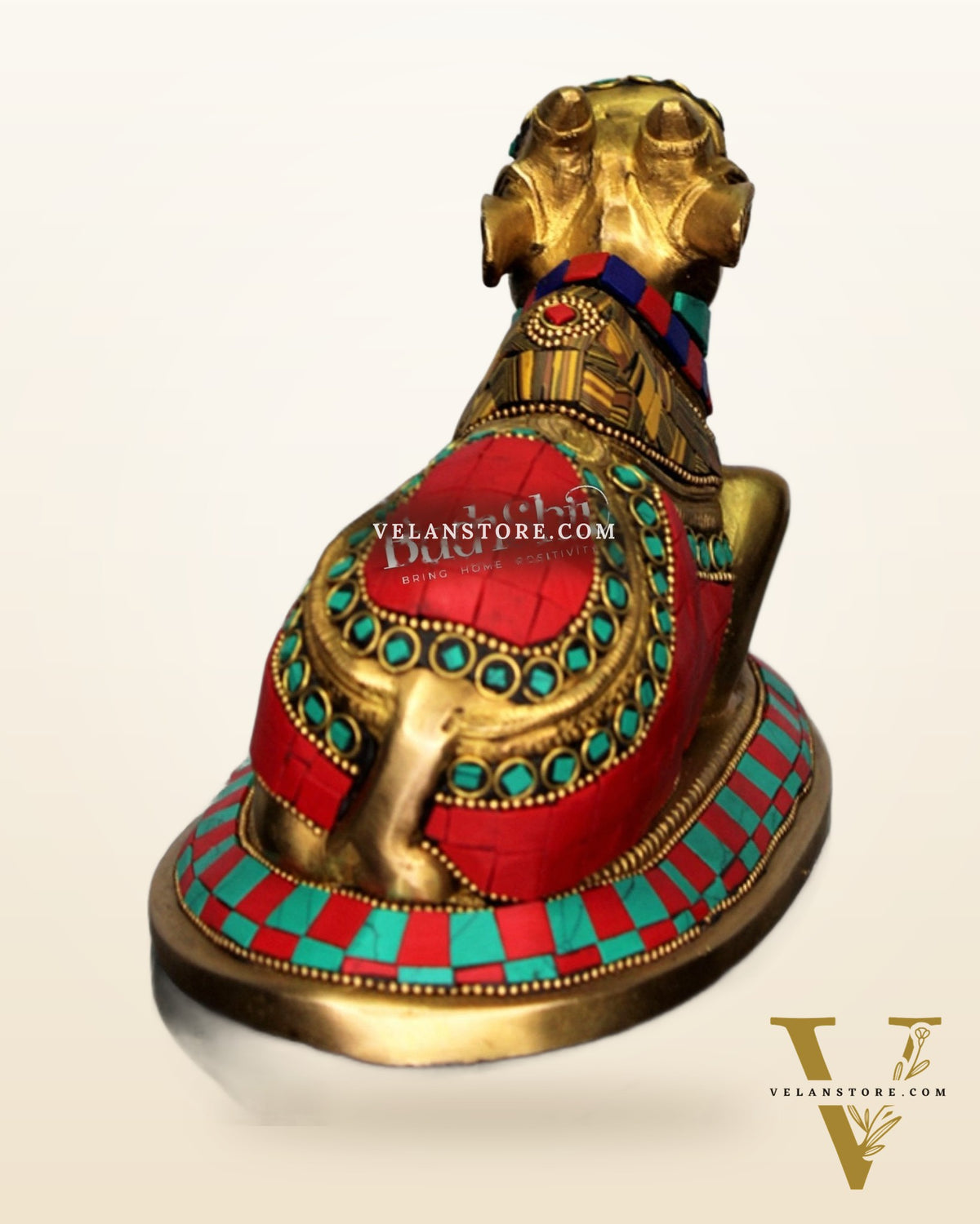 Auspicious Handcrafted Brass Nandi Statue with Natural Stones - 6" Height
