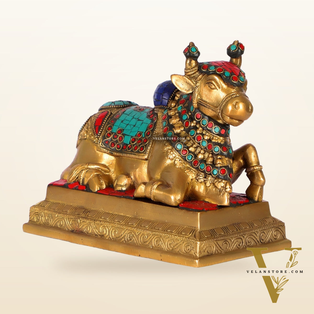 Auspicious Handcrafted Brass Nandi Statue with Natural Stones - 6" Height
