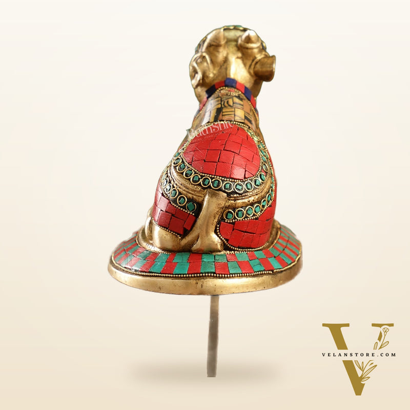 Auspicious Handcrafted Brass Nandi Statue with Natural Stones