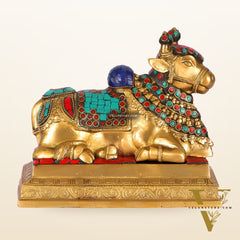 Auspicious Handcrafted Brass Nandi Statue with Natural Stones - 6" Height