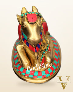 Auspicious Handcrafted Brass Nandi Statue with Natural Stones - 6" Height