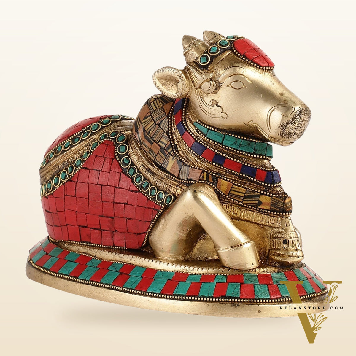Auspicious Handcrafted Brass Nandi Statue with Natural Stones