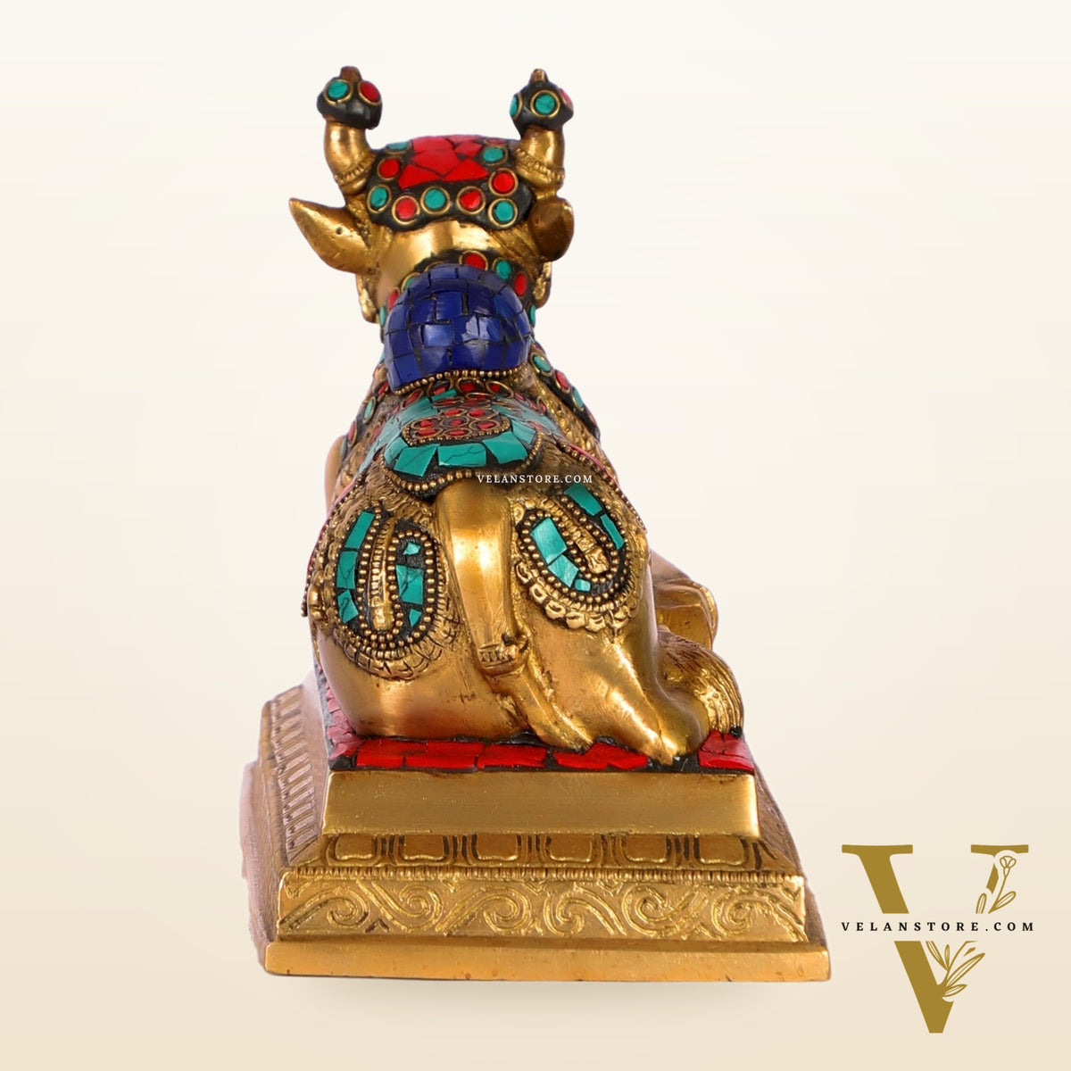 Auspicious Handcrafted Brass Nandi Statue with Natural Stones - 6" Height
