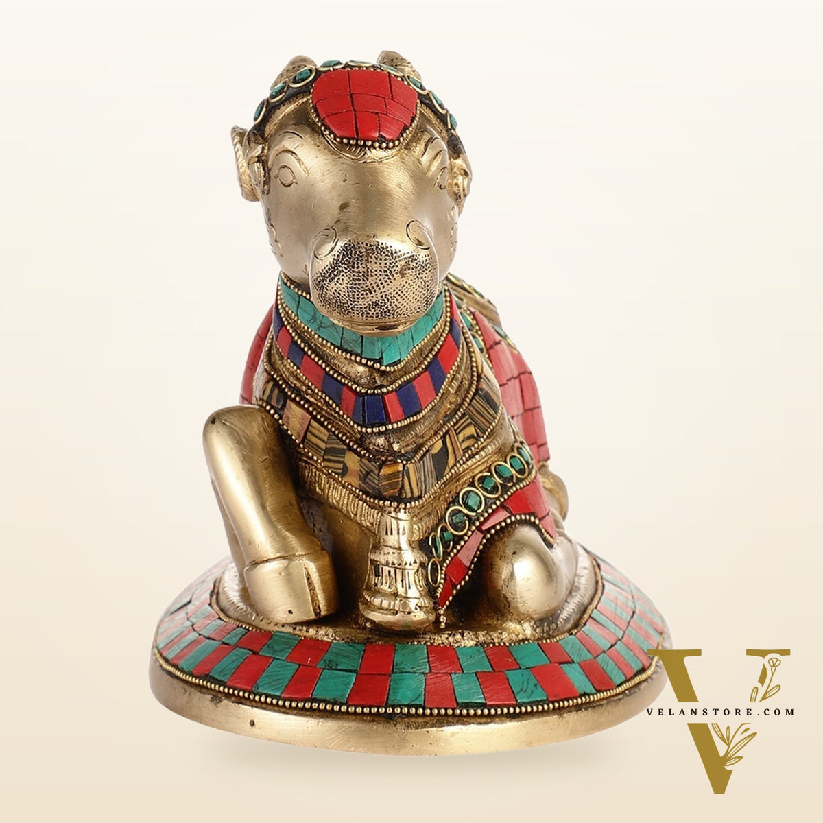 Auspicious Handcrafted Brass Nandi Statue with Natural Stones
