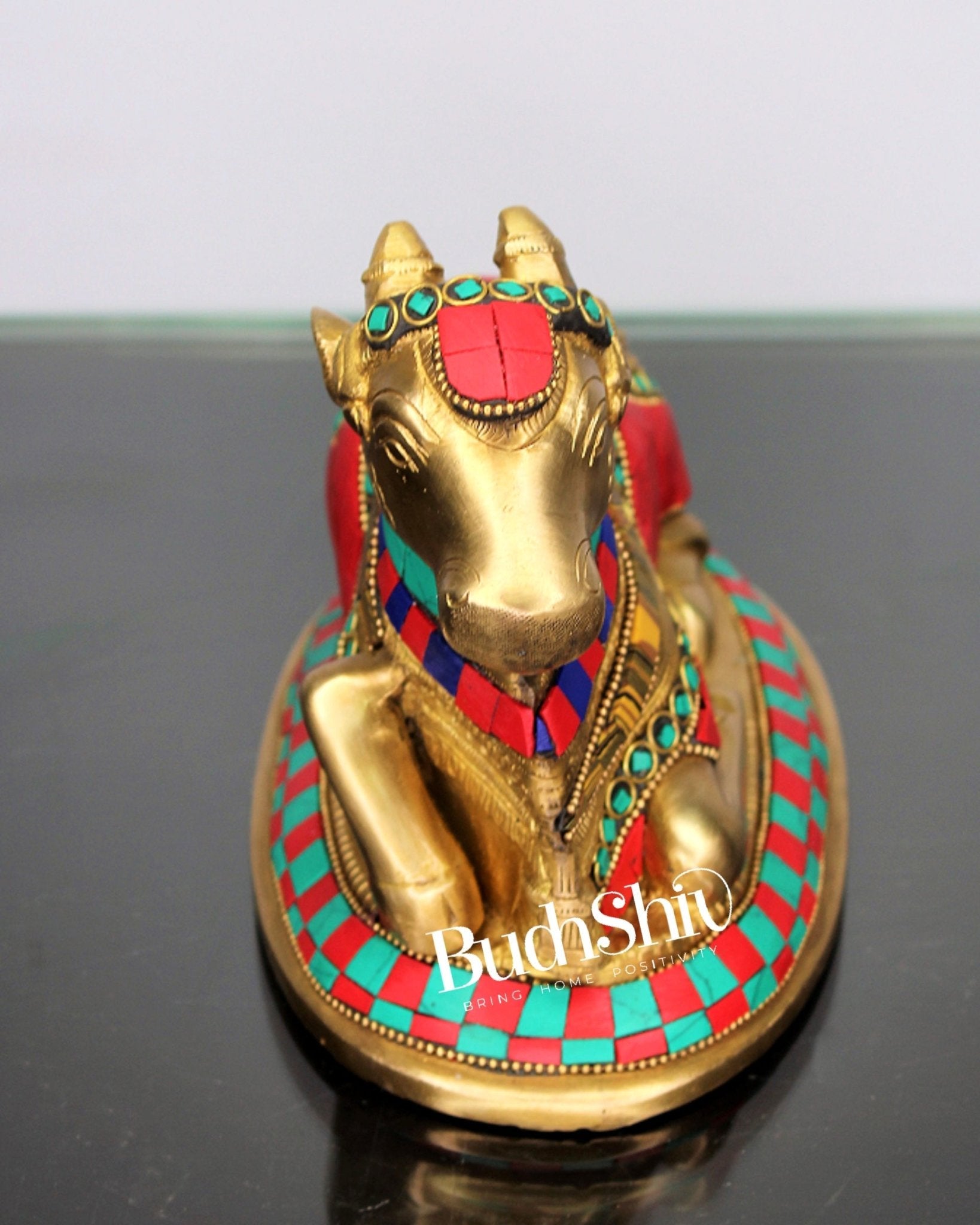 Auspicious Handcrafted Brass Nandi Statue with Natural Stones - 6" Height