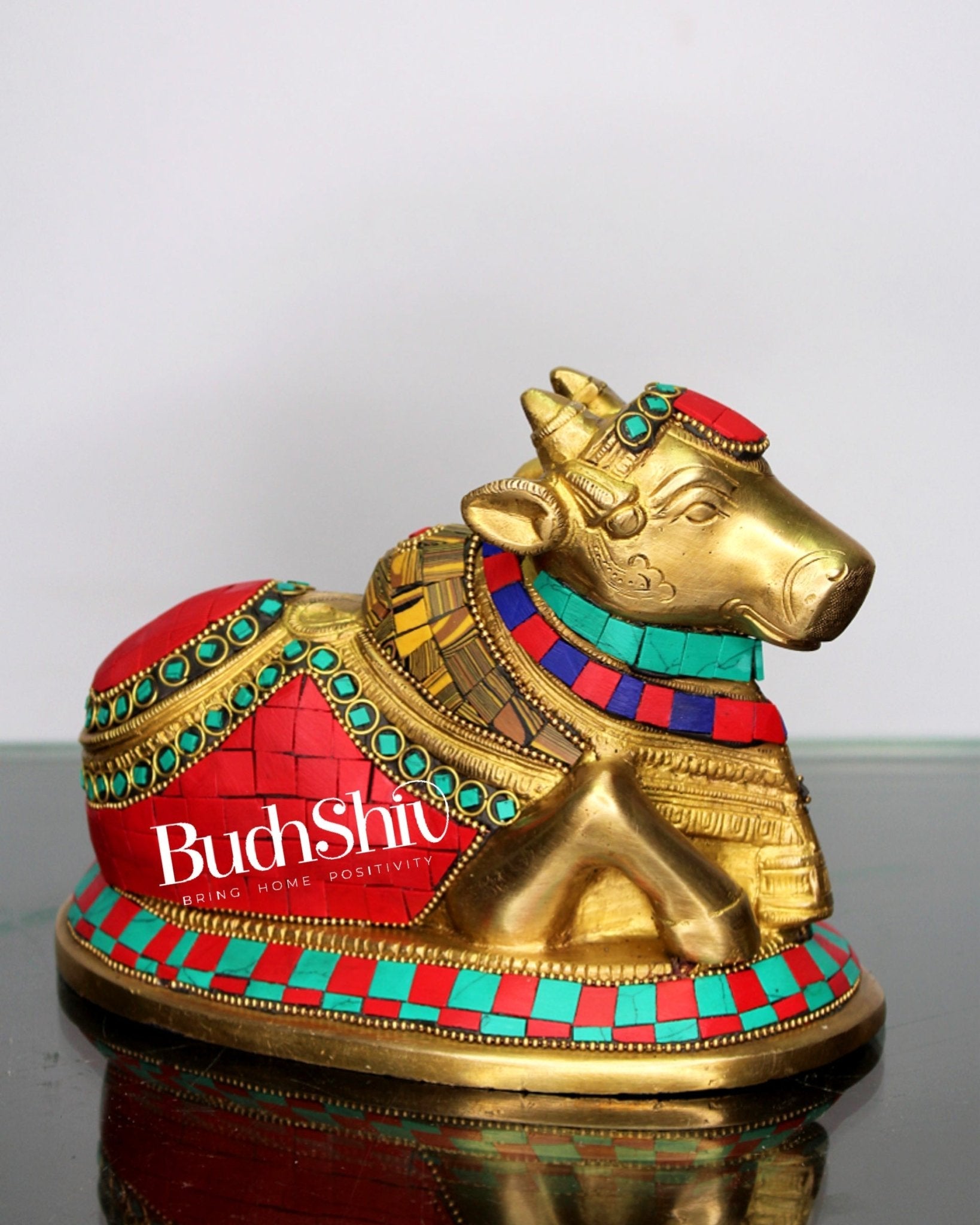 Auspicious Handcrafted Brass Nandi Statue with Natural Stones - 6" Height