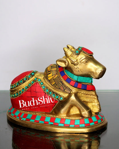 Auspicious Handcrafted Brass Nandi Statue with Natural Stones - 6" Height