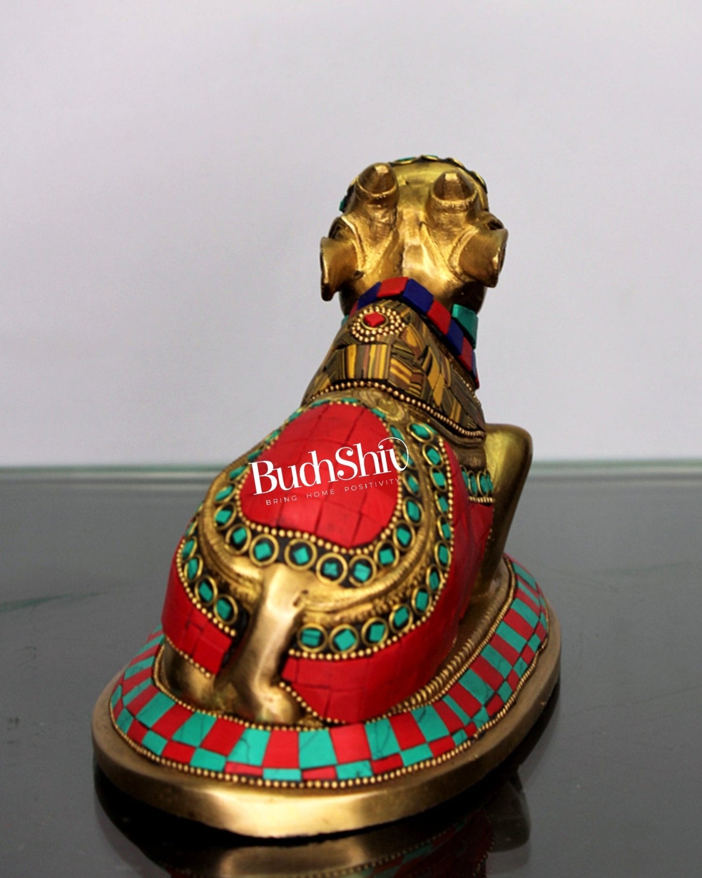 Auspicious Handcrafted Brass Nandi Statue with Natural Stones - 6" Height