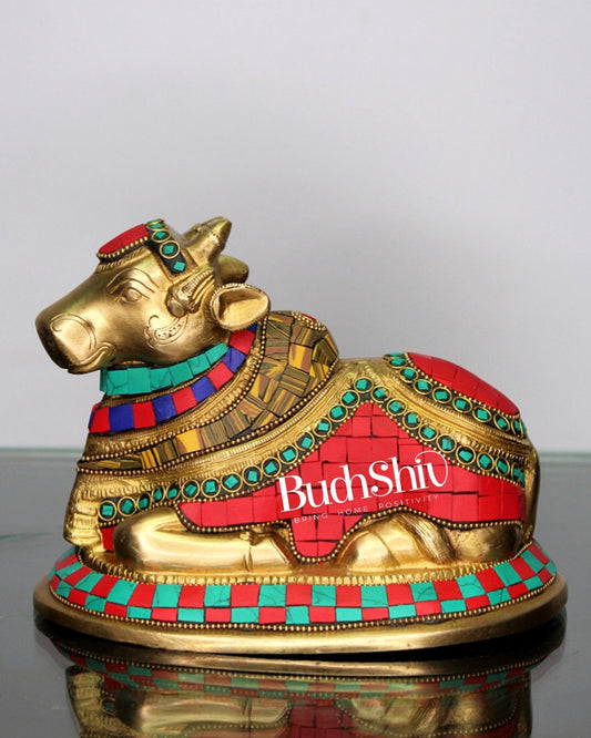 Auspicious Handcrafted Brass Nandi Statue with Natural Stones - 6" Height