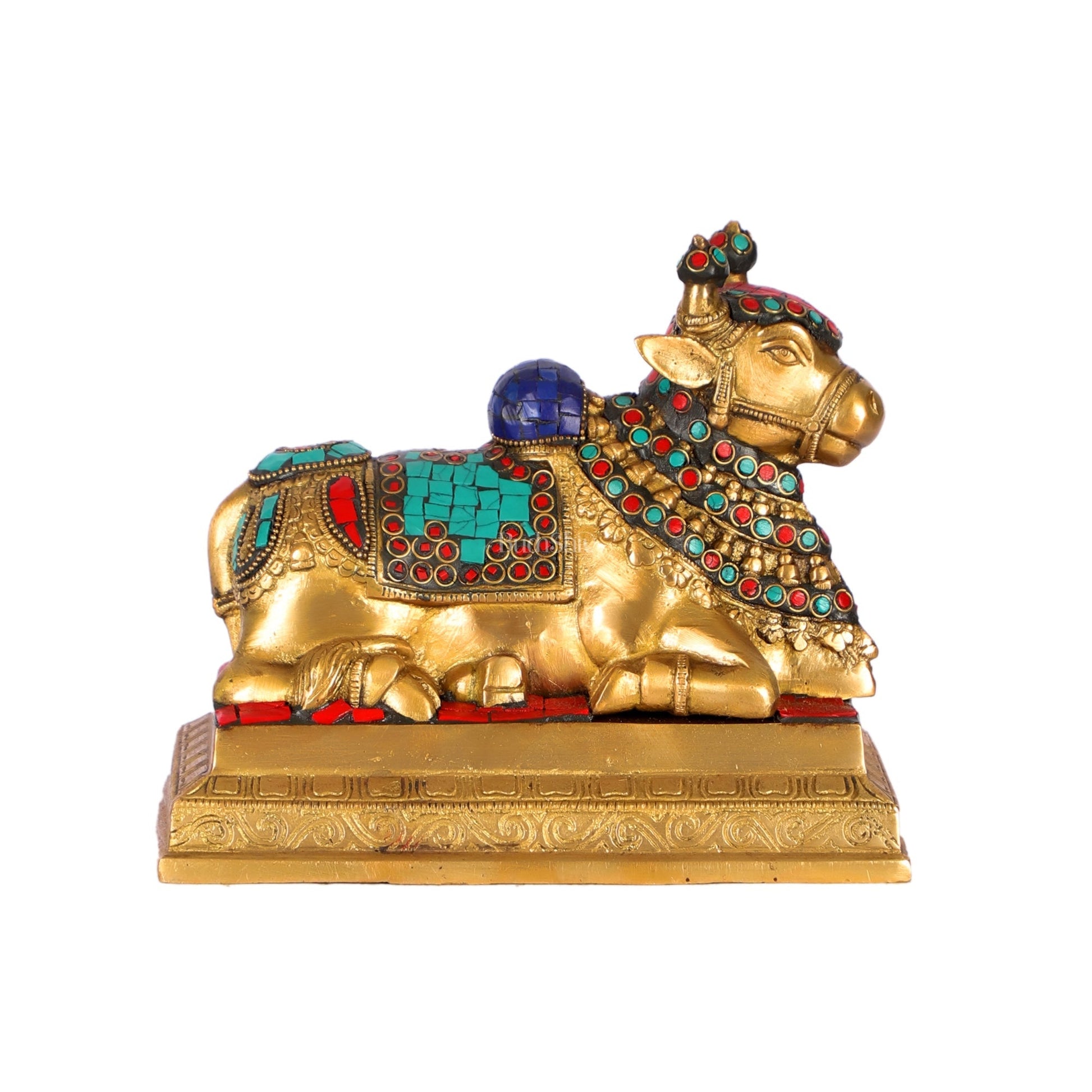 Auspicious Handcrafted Brass Nandi Statue with Natural Stones - 6" Height