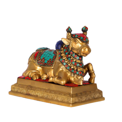 Auspicious Handcrafted Brass Nandi Statue with Natural Stones - 6" Height