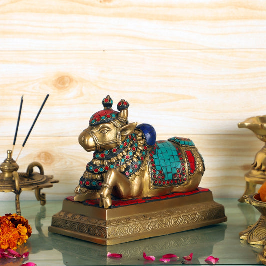 Auspicious Handcrafted Brass Nandi Statue with Natural Stones - 6" Height