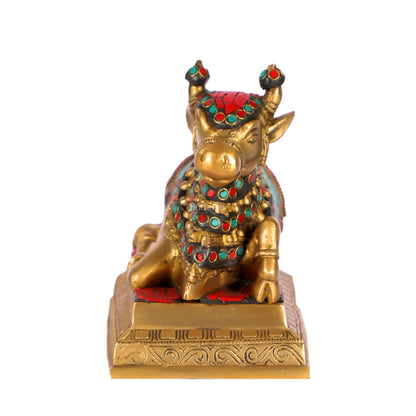 Auspicious Handcrafted Brass Nandi Statue with Natural Stones - 6" Height