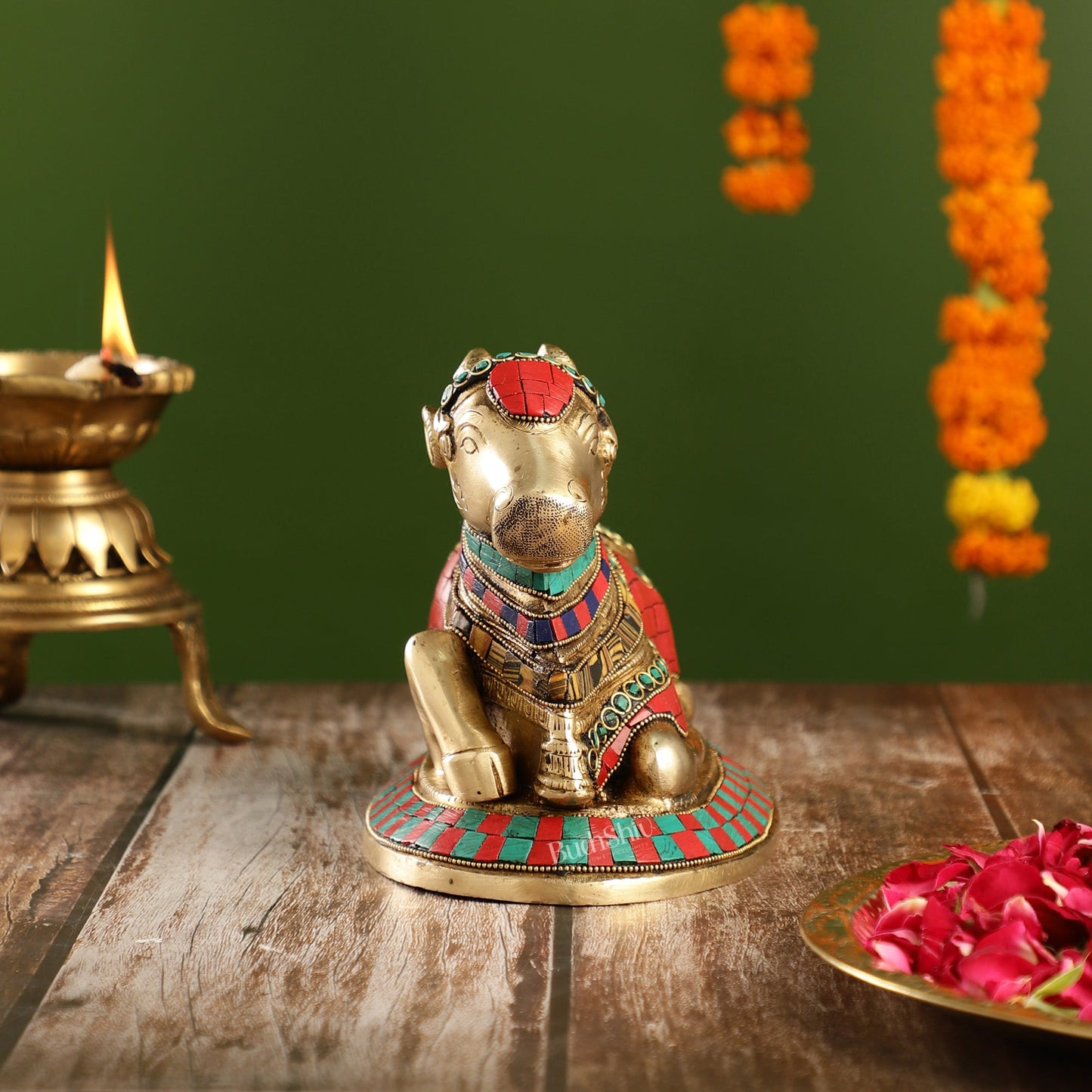 Auspicious Handcrafted Brass Nandi Statue with Natural Stones