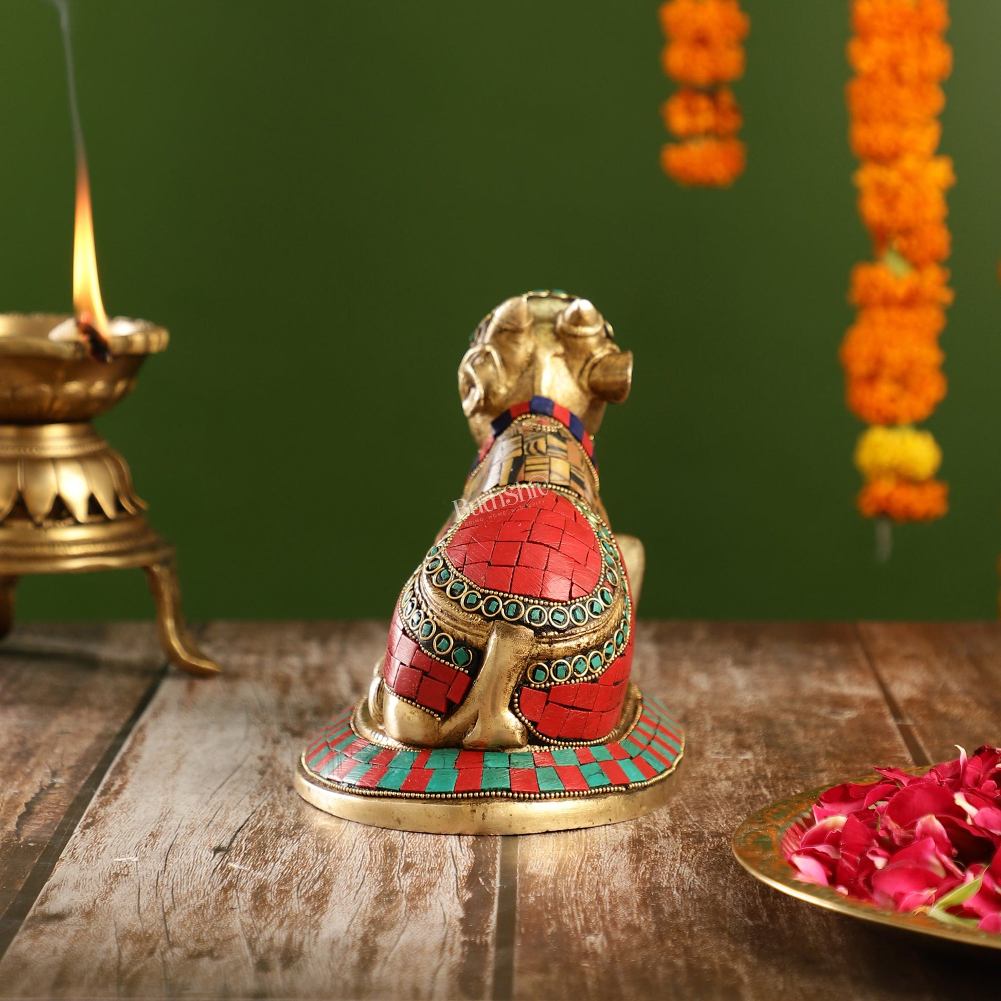 Auspicious Handcrafted Brass Nandi Statue with Natural Stones