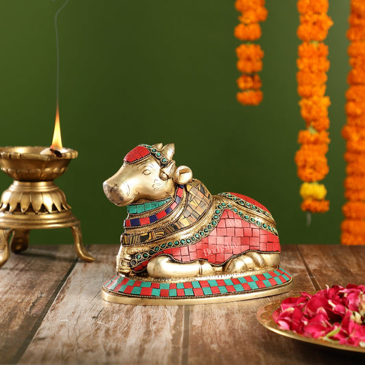 Auspicious Handcrafted Brass Nandi Statue with Natural Stones